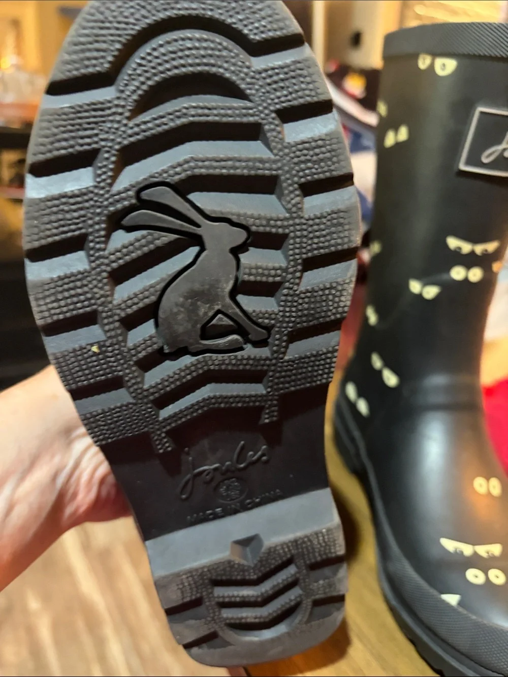 Joules Black Rain Boots with Glow Eye Pattern